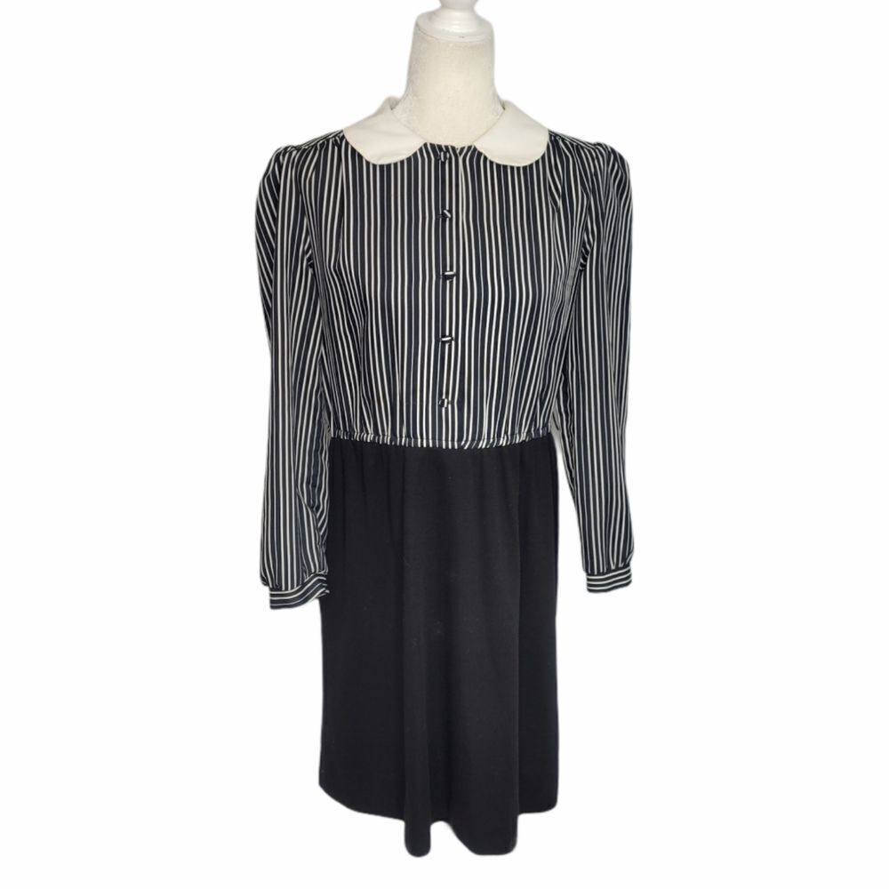 VINTAGE 80s dress collared‎ striped black with pocket M